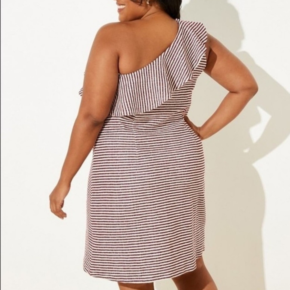 LOFT One-Shoulder Dress in Burgundy and White Stripes